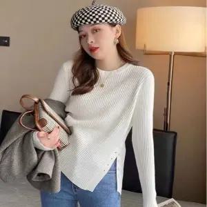 여성 RJ62WG37 베이직 라운드넥 골지 긴팔 니트티셔츠 절개단추