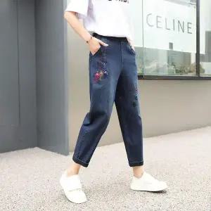 레트로 BU40YN29 여자 청바지 여름 자수 배기 데님 팬츠