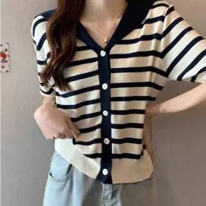 여성 CV39GM20 세일러카라 러블리 스트라이프 반팔 니트 가디건