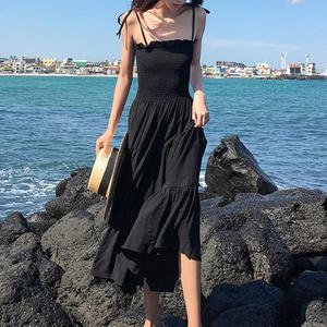 어깨 리본 끈 뷔스티에 캉캉 스모크 블랙 롱원피스