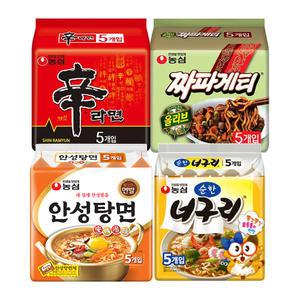 농심 신라면, 120g, 5개 + 짜파게티, 140g, 5개 + 안성탕면, 125g, 5개 + 순한너구리, 120g, 5개