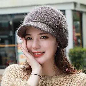 여성겨울모자니트 기모 니트챙 중년 여자 앙고라꽃 비니 벙거지 방한 베레모vwx038