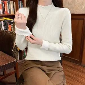 (색상 크림)HL] 티셔츠 니트 기모 여성 겨울 반폴라 이너 반목