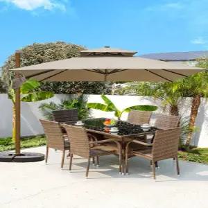 4인용 라탄 야외 테이블 의자 파라솔 세트 정원 테라스 카페 파티오