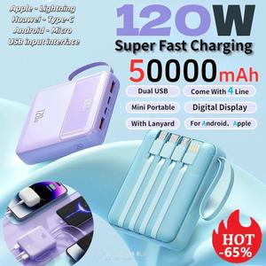 미니 보조베터리 50000mAh 120W 휴대용 고속 충전 모바일 외장 배터리(4개 케이블 포함) iPhone Samsung Xi