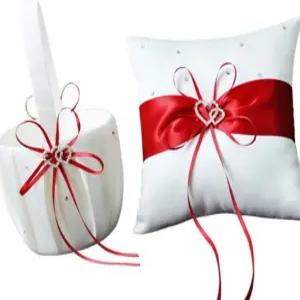 교활한 올빼미 2 하트 라인스톤 보리/화이트/블루 트리밍/레드 트리밍 새틴 대형 웨딩 링 베어러 베개 및