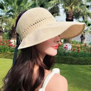 밀짚오픈선캡 여성 넓은챙 바캉스 썬캡 1P 뒷리본 바캉스 오픈 모자