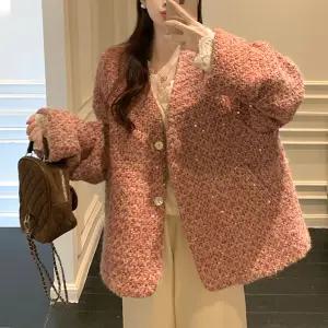 오버핏 빅사이즈 러블리 스팽글 트위드 자켓 겨울아우터 노카라 누빔 연말룩 격식룩