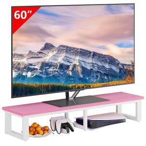 Clikuutory 45인치 대형 TV 라이저 32 60인치 TV용 스틸 다리가 있는 테이블 탑 스탠드 보관 및 듀얼 스크린 오 책상 기능 홈 침실 거실에 이상적 핑크