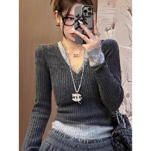 가을 겨울 브이넥 니트 스웨터 여성 슬림핏 풀오버 탑 트렌디 다용도 레이지 스타일 투피스 세트