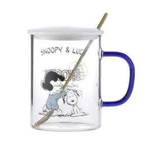 스누피 뚜껑 유리컵 숟가락 세트 370ml-블루유아 물컵 아동 양수 빨대 이유식기 스텐