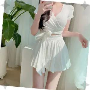 여성 랩 투피스 스커트 수영복 반팔 크롭 상의 하의 세트 체형보완 가슴패드