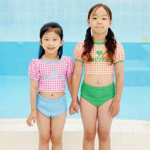 키즈 여아 크롭 실내수영복 초등 여아 생존수영 주니어 체크 래쉬가드 수모세트