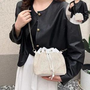 캐주얼백 여성 캐주얼 외출 가방 복조리 스타일 왕골 버킷백