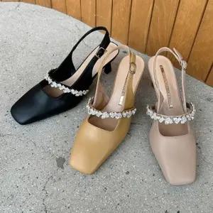 소가죽 미니멀 포인티드 실루엣 스트랩 비즈 힐슈즈 6SS