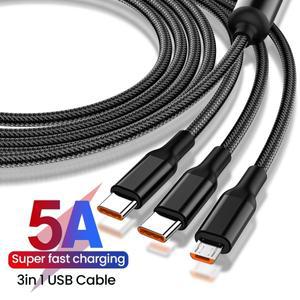 3in 1 충전 데이터 케이블 5A 고속 USB 타입-C 마이크로 멀티포트 폰 아이폰 호환 16 15 화웨이 샤오미 호