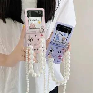 유니블링 갤럭시 z플립3 게임기 진주 목걸이 줄 스트랩 케이스