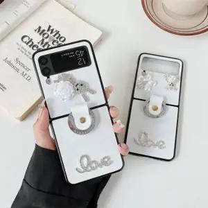 유니블링 갤럭시 z플립 3 4 자개 진주 플라워 큐빅 링 케이스