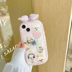 유니블링 아이폰 14 13 12 11 연보라 리본 강아지 반투명케이스