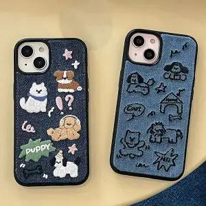 유니블링 아이폰 16 15 14 13 12 청 데님 강아지 자수 케이스