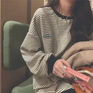 여자 줄무늬 라운드넥 루즈핏 드롭숄더 티셔츠