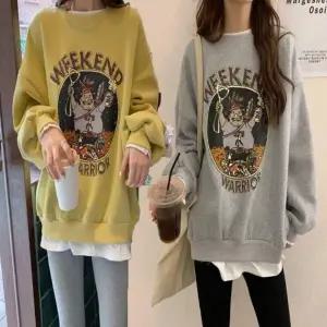 여성 겨울 기모 안감 프린팅 맨투맨 루즈핏 티셔츠 레이어드 맨투맨 티셔츠 기모