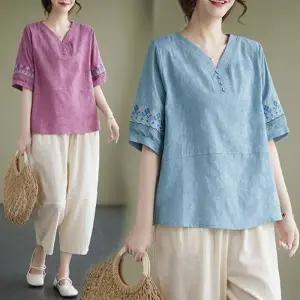 은창]에스닉 소매 자수 헨리넥 티셔츠 블라우스 봄 여름 상의 여름 퍼프 반팔 상의 티셔츠 셔츠 여성