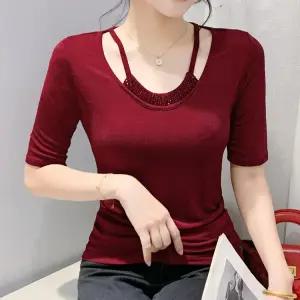 라인댄스상의 슬림핏 여리여리 스트랩 사교 반팔 브이넥 의상 티셔츠