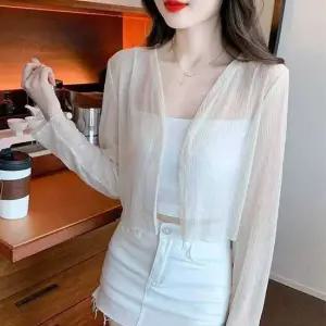 여성여름니트 여성 여름 데이트 룩 얇은 시스루 크롭 가디건 코디