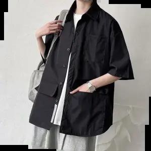 남자오버핏남방 남성 오버핏 반팔 셔츠 포켓 포인트 무지 스타일리쉬