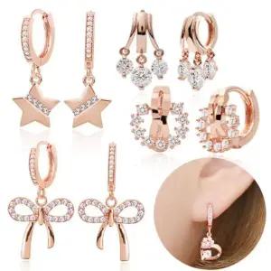 14K 로즈골드 큐빅 펜던트 드롭 원터치 링 귀걸이