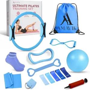 아마빅 필라테스 키트 15피스 홈 운동 세트 5개의 저항 밴드 링 및 볼 액세서리 포함 - 근력 유연성 균형