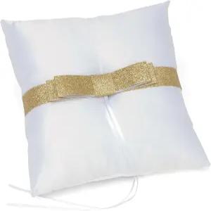 가트너 스튜디오 골드 글리터 보우 링 베어러 베개 화이트 새틴 7.5인치 x 7.5인치(22038)
