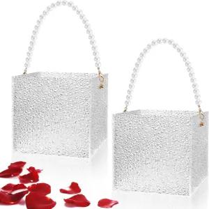 레몬로드 2pcs 플라워 걸 바구니 클리어 웨딩 꽃잎 진주 손잡이 아크릴 꽃꽂이와 수제 장식이 있는 콘페티