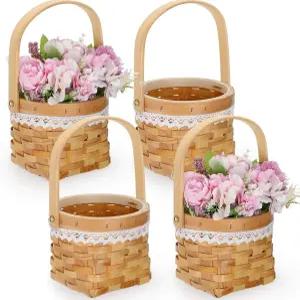 아셀레직 4팩 나무 웨딩 플라워 걸 바구니 작은 소박한 꽃 직조 흰색 리본 레이스 결혼식 파티 및 홈