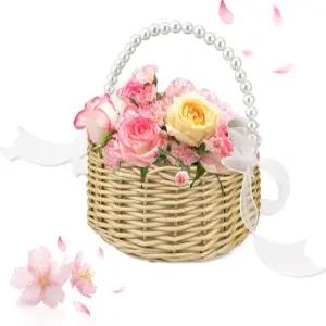 플라워 걸 바구니 웨딩 진주 손잡이와 리본 활이 달린 대형 위커 소녀 야외 피크닉용 핸드웨븐 홈 장식