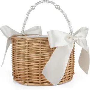 진주 손잡이 플라워 걸 바구니 실크 보우가 달린 손으로 짠 위커 웨딩 신부 샤워 및 피크닉을 위한 작은
