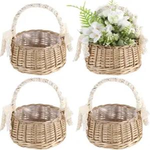 꽃 소녀 바구니 4개 손잡이가 달린 작은 위커 라탄 세트 다용도 장식 보관함 결혼식 파티 홈 데코용