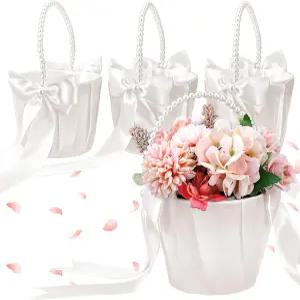 진주 손잡이가 달린 보리 웨딩 플라워 소녀 바구니 4종 세트 로맨틱한 예식 장식용 새틴 패브릭