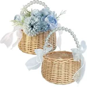 플라워 걸 바구니 2종 세트 진주 손잡이가 있는 손으로 짠 작은 걸용 리본 보우 플라스틱 라이너 가정용