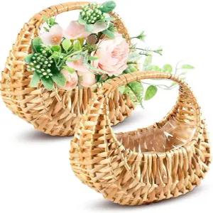 작은 꽃 소녀 바구니 세트 2개 - 손잡이 및 방수 안감이 있는 위커 6.3 x 5.12 3.75 과자 선물 홈 데코