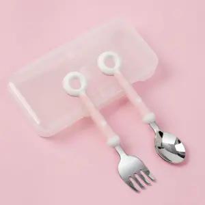 유아용 도넛 모양 실리콘 수저 포크 핑크 식기 유아수저 포크 스푼세트