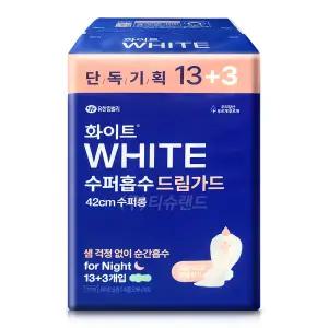 화이트 수퍼흡수 드림가드 수퍼롱 16매 (13+3) x1팩 오버나이트 생리대