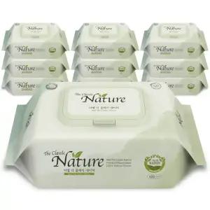 미엘 더 클래식 네이처 생분해 플라스틱 제로 100매 캡형 10팩 물티슈 평량 65g 레이온 100%
