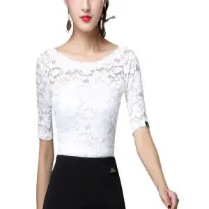 재즈 라인댄스줌바댄스 상의로 적합한 알레마나 모던 댄스복 신상 화이트 레이스 오프숄더 5부 소매 M
