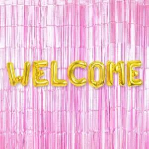은박 풍선 웰컴 골드 + 커튼 메탈핑크 세트 파티 장식/포토존/홈파티/돌잔치/크리스마스/생일/뒷배경