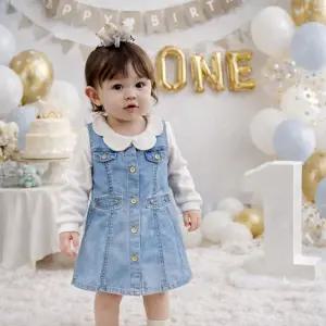 베이비 데님 원피스 아기옷 큐빅단추 포인트 아기 봄 가을 청치마 멜빵 데일리 돌선물