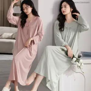 이너퀸 프리수 여성용 빅사이즈 모달 레이스 브이넥 긴팔 롱 홈웨어 루즈핏 빅사이즈 봄 가을 간절기 실내복 파자마 원피스 모달레이스원피스