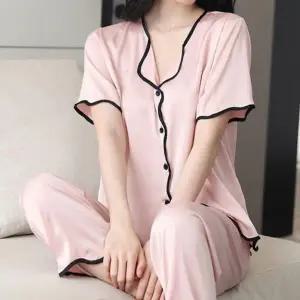 실크잠옷 새틴 실크 배색라인 반팔 잠옷세트 홈웨어 파자마