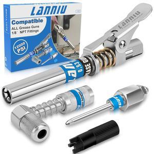 LANNIU 그리스 건 커플러 키트 - 90도 어댑터 및 니들 팁이 포함된 12,000 PSI 강력 잠금 커플러, 1/8인치 NPT 피팅용 중장비 윤활